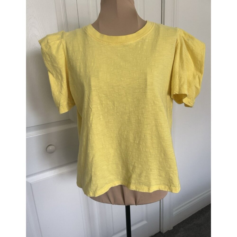 Cliche Women Short Pleated Sleeve Crew Neck Cotton Slub T-Shirt Yellow Size M